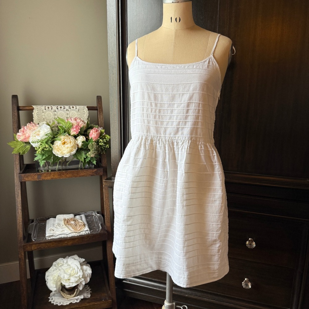 Gap Cotton Tie Strap Babydoll Mini Dress White‎ Textured Size 4 Boho Chic - Picture 2 of 12